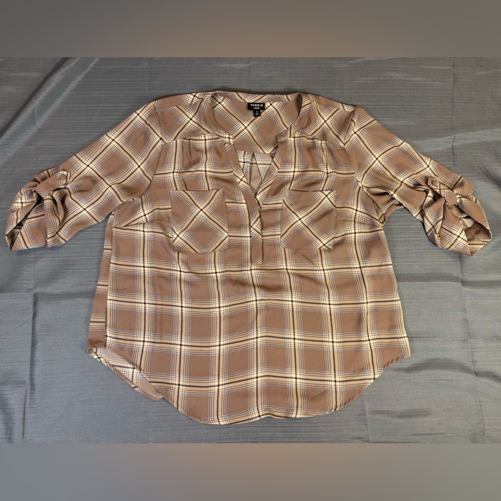 Torrid Harper Plaid Blouse Size 0 Brown Long Sleeve Pocket Top